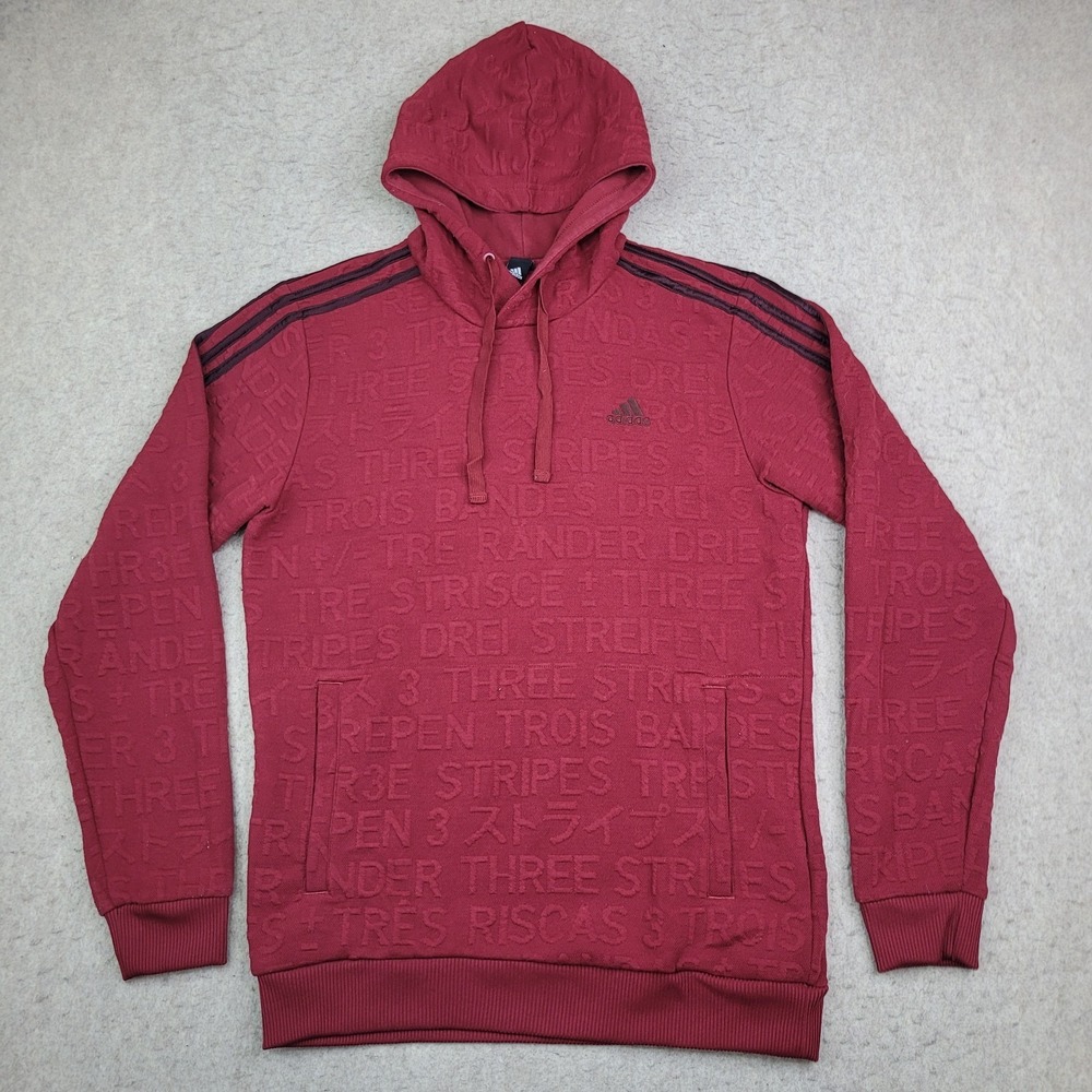 Adidas 3 Stripe Hoodie Mens M Red 3D Spellout Pullover‎ Drawstring Japanese